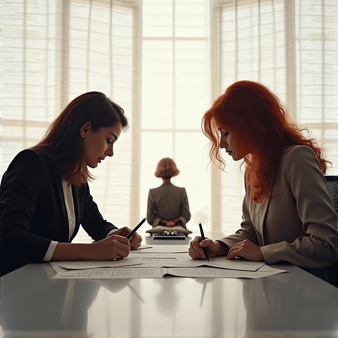 Two women in business attire work intently at a table covered with papers, while a third person sits facing away, creating an atmosphere of concentration against a backdrop of large windows.