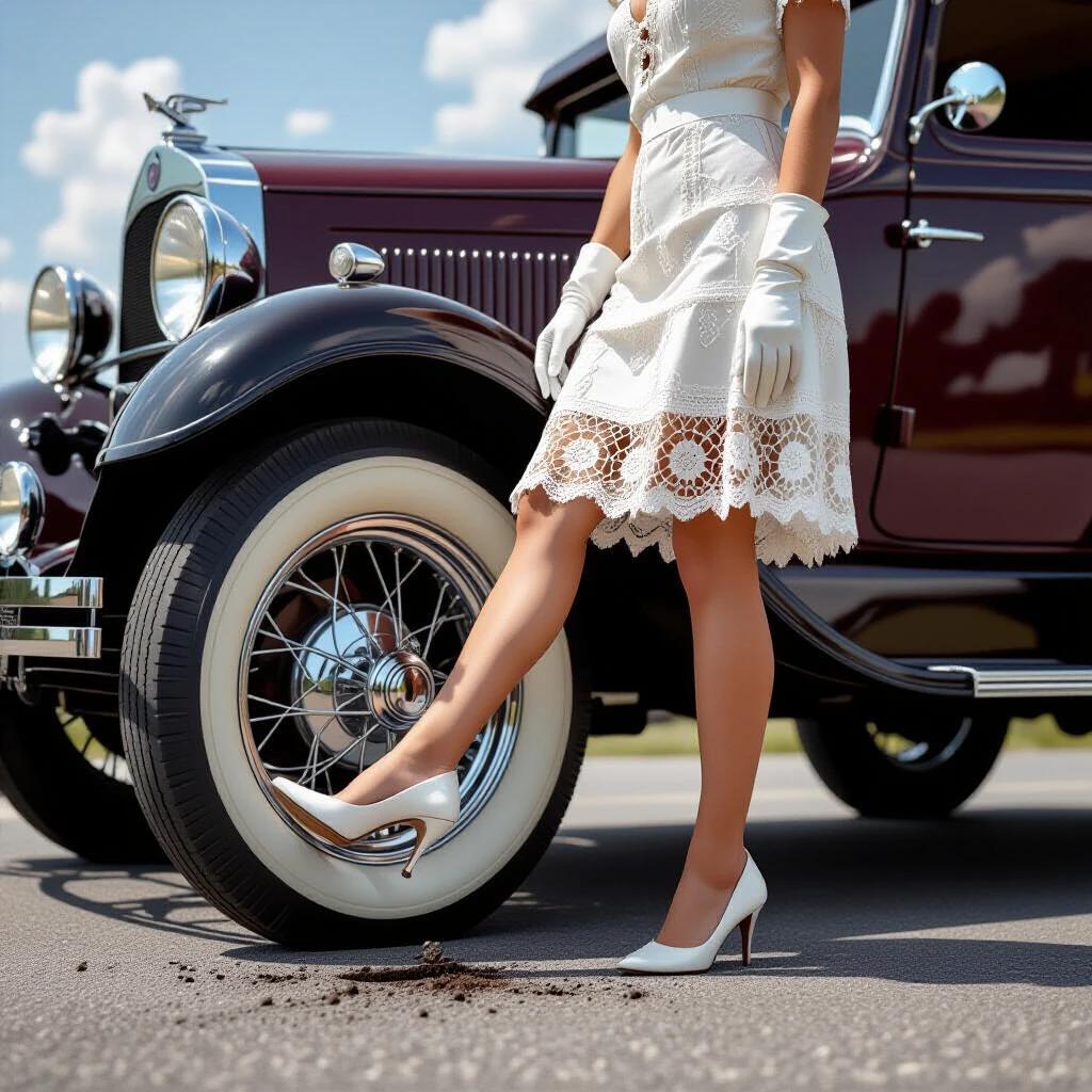 Photorealistic scene showing a roadside incident in 1928. A petite woman in a short white lace dress and white gloves stands while looking at a completely deflated tire on a vintage Mercedes car. She is standing with her right foot kicking the lower tire sidewall, creating a visible dent and a 3cm tear. The car has an open door and is situated on a road with gravel displacement visible. The image captures ultra-sharp details of the scene and highlights the surrounding misty mountains.