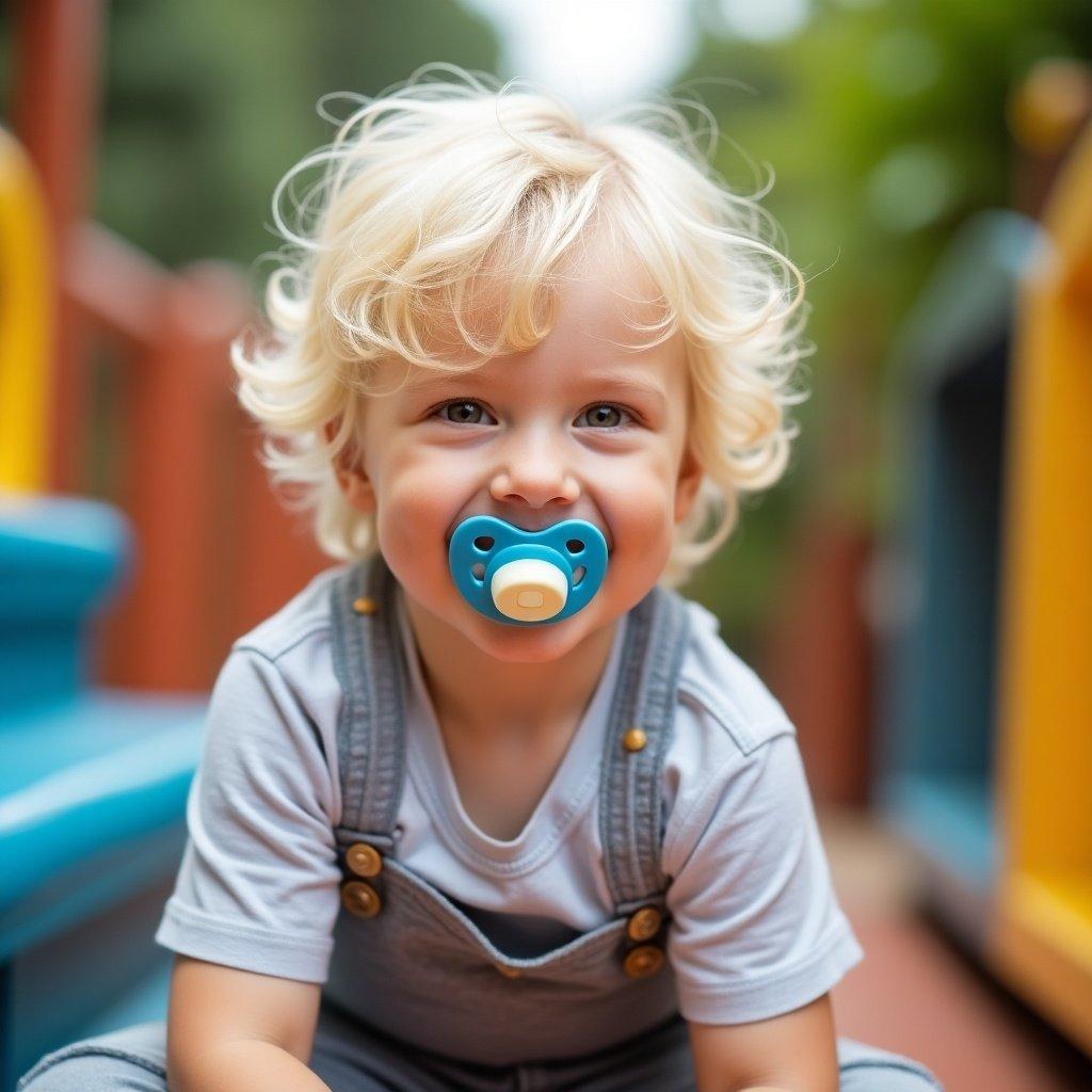 Portrait of a smiling 7 year old boy with white-blonde hair and a pacifier. He is sitting on a playground structure.