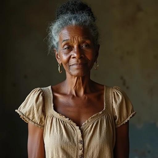 Feature an elderly Black woman in a simple house dress. Dress is light-colored. Hair is styled in a bun. Capture her in a full body shot. Background to be neutral and soft. Emphasize her wisdom and grace.