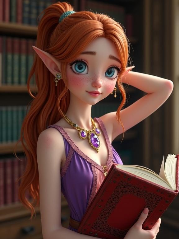 Photo-realistic depiction of a cute teen elf girl in a medieval library. She has a long auburn ponytail and vibrant blue eyes. Wearing a sleeveless purple and pink dress adorned with gold and amethyst jewelry. Holding a large red leather book in one hand and her other arm is behind her head. The background features ornate bookshelves.