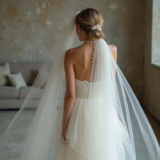 Bride in soft natural light wearing elegant white gown and veil is posed from behind in a textured setting with light beige walls and a sofa visible in the background.