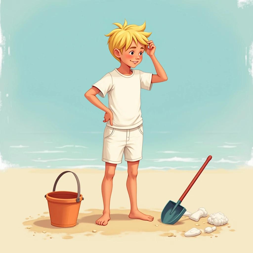 Boy with blonde hair wearing white t-shirt and swimsuit. He stands at beach with one hand on hip and other brushing through hair. There is a bucket and shovel in the sand beside him. Molds scatter at his feet. Calm sea in background.