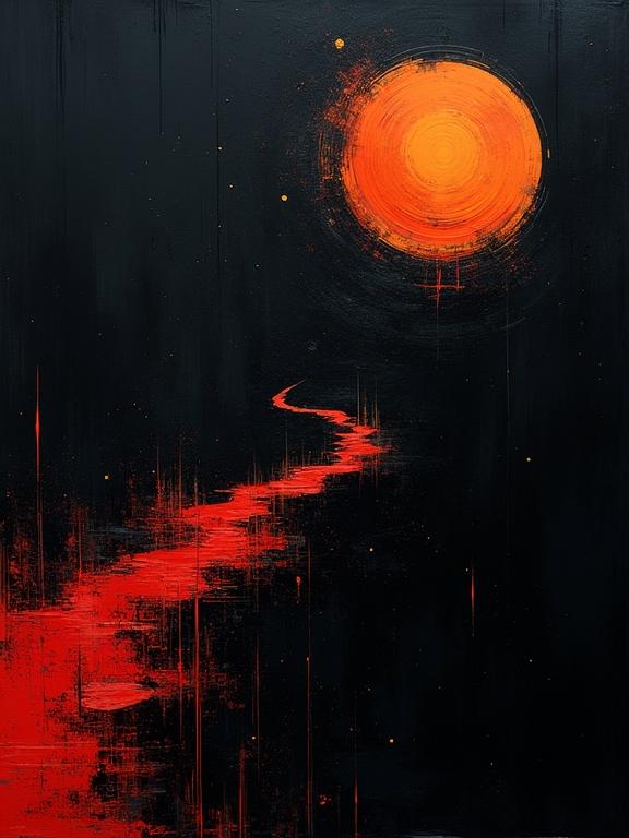 Digital painting features a bright orange sun in a black sky. The foreground has a winding red path. The painting uses harsh paint strokes with abstract elements. Flat colors create a minimalist style.