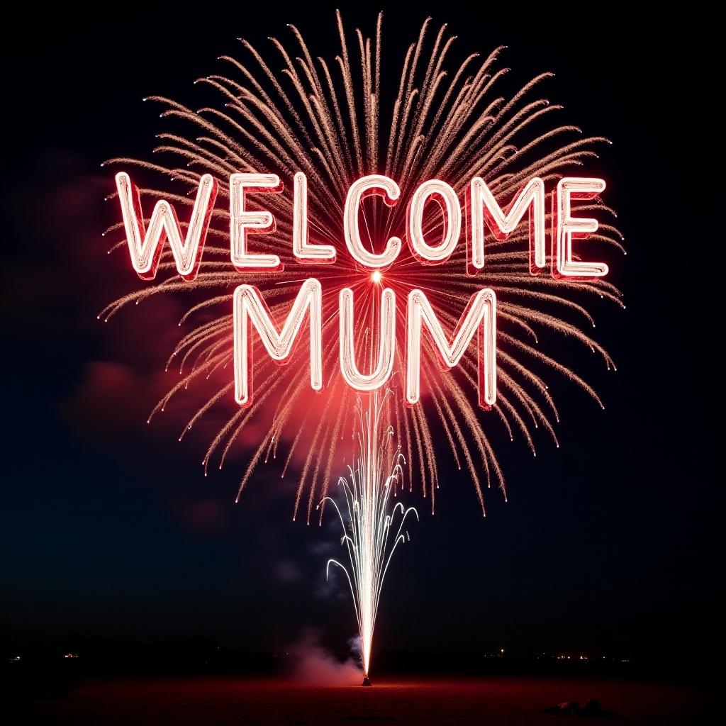 Vibrant firework displays colors at night sky. Text 'Welcome Mum' in bright fireworks.