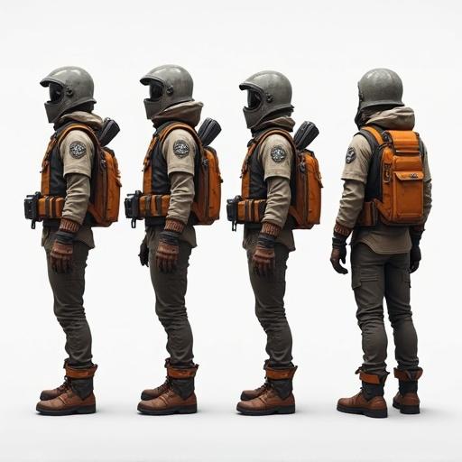 Sci-fi survival character displayed from four sides: front, left, right, and back. Character stands in a T-pose. Character wears a backpack and a vest. Character features a helmet and tactical gear.