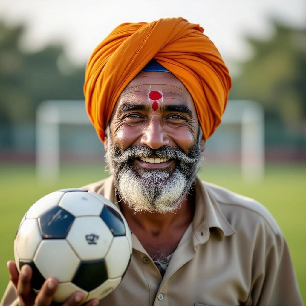 Indian man poses joyfully with a soccer ball. He has a clean shave and wears a bright orange turban. Background features a football field.