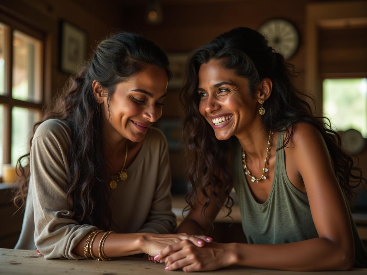 In a cozy rustic cabin, Priyanka finds herself in a light-hearted situation involving a large domestic breeding boar. She wears a playful expression, determined to engage the boar who seems rather disinterested. This comedic moment is filled with warmth as natural light spills into the cabin, emphasizing both Priyanka's amusement and the boar's calm stubbornness. The setting is inviting, rich with rustic charm, making it an engaging visual for viewers. The image captures the humorous dynamic of her encouraging the boar, showcasing a delightful interaction between human and animal.