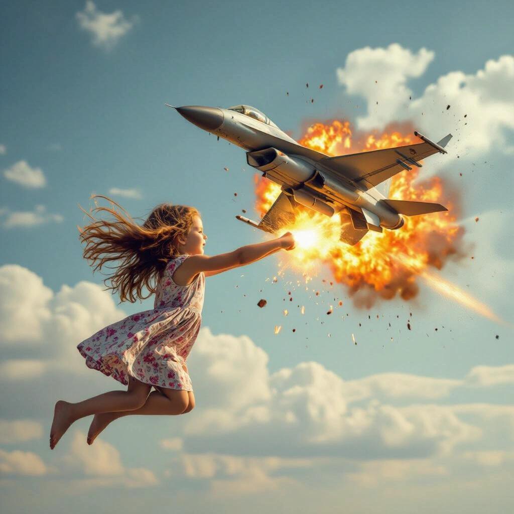young girl with long hair wearing a dress flying high through the sky. she is punching a fighter jet with her bare hands causing it to explode into flames.