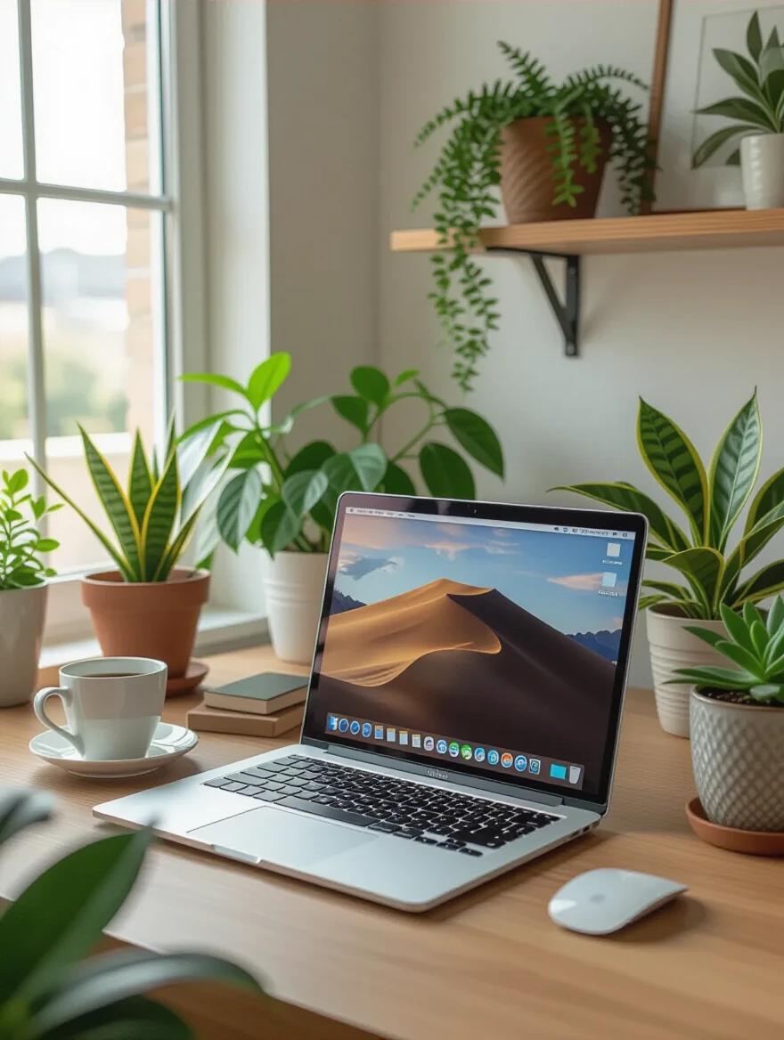 Home office setup features multiple plants beside a laptop. The desk is organized and well-lit, with a coffee cup placed nearby. It's a cozy atmosphere with photorealistic details.
