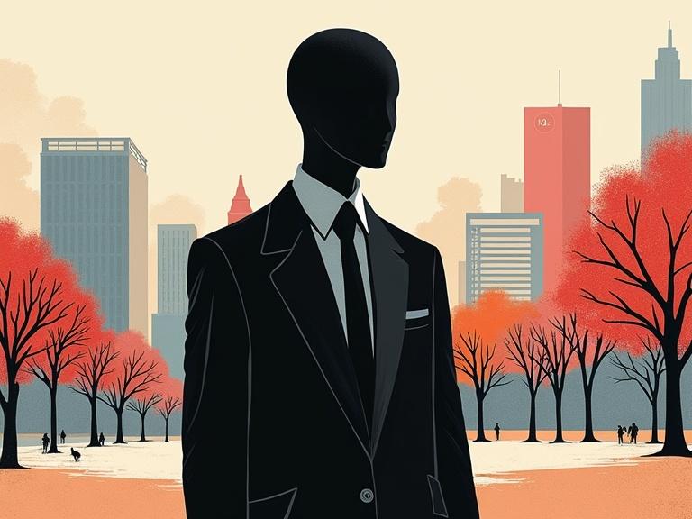 Faceless black mannequin wearing a suit in a city park. Surreal landscape with buildings in the background. Minimalist style with a bold monochrome aesthetic. Contrasting colors with clean negative space. Focus on fashion and emotion.