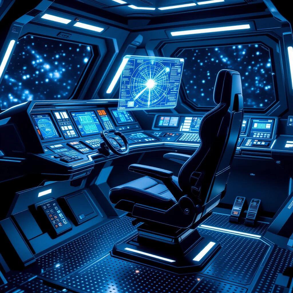 High-tech spaceship cockpit interior features ergonomic pilot seat on metallic floor. Curved control console has tactile buttons and switches. Holographic star-map projector emerges from console. Throttle lever is on right armrest for speed control. Communication panel is on left wing with headset hook. Dual foot pedals are recessed into floor plating. Cool blue ambient lighting with no visible windows or background elements.