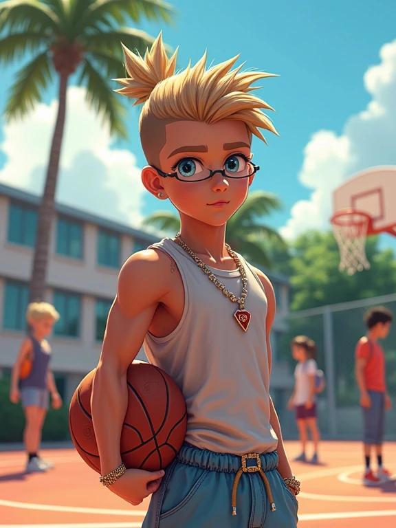 Anime character is a 14-year-old boy. He is 5'10" tall and has a muscular build. The character is a Quarter Saiyan and Quarter Brazilian. He has light brown spiky hair styled in a ponytail. The scene is set in a Miami basketball courtyard during summer. He is wearing modern expensive diamond-encrusted hip hop jewelry and Nike streetwear. The boy holds a basketball and is surrounded by other high school male students. The background features palm trees and a bright blue sky.