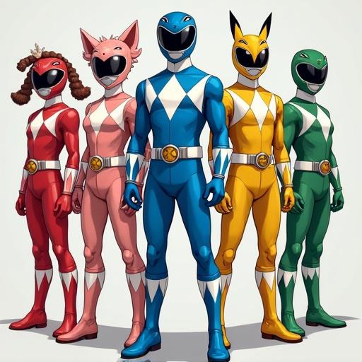 Generate an image of a Power Ranger team with Pokémon motifs. Five members in suits: red female based on Charmander, blue male based on Squirtle, yellow male based on Pikachu, green male based on Bulbasaur, peach female based on Clefairy.