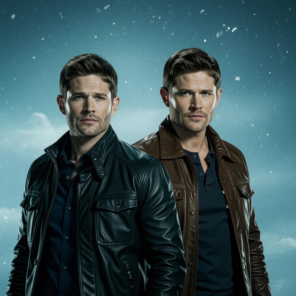 Photo of two male characters in stylish leather jackets standing together. The background features a cool blue atmosphere with snow effect. The characters have expressionless faces and are wearing polo shirts. The left character wears a black leather jacket and the right character wears a brown leather jacket.