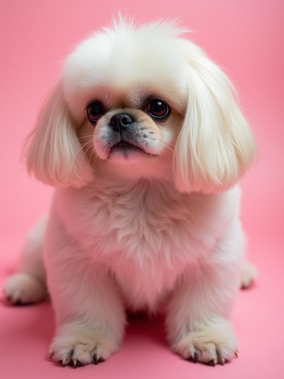 A glamorous pug with luxurious platinum blonde fur sits gracefully against a dreamy pink background. The pug's features are crisp and detailed, showcasing smooth highlights from sleek studio lighting. The overall composition is minimalistic yet alluring, resembling a high-fashion editorial portrait with a surreal twist.