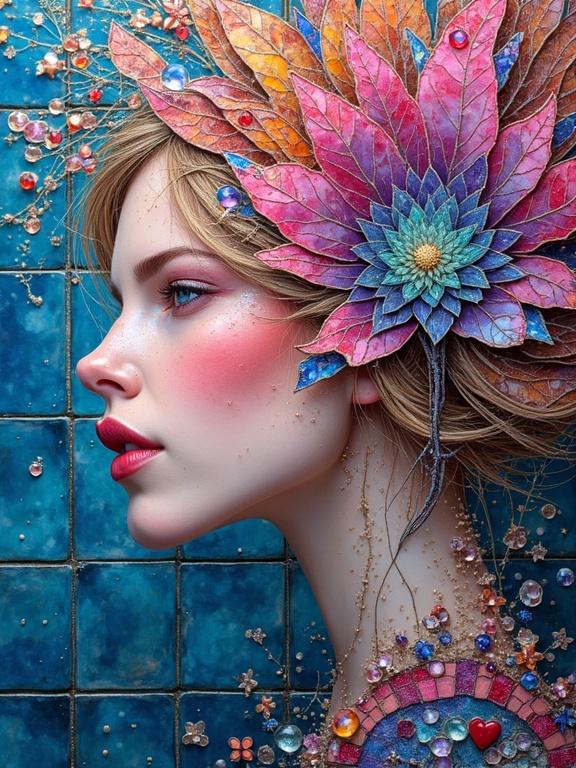Profile view of a woman with colorful leaves. Background features iridescent ceramic tiles. Abstract and ethereal mixed media composition. Focus on vibrant floral elements.