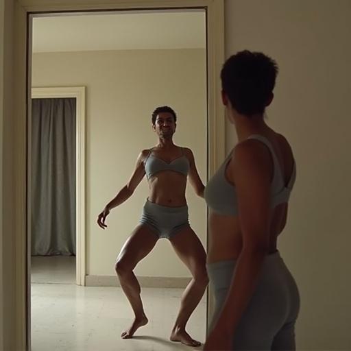 A person is dancing gracefully in front of a mirror. The setting is minimalistic with natural light. The dancer exhibits a strong pose, displaying confidence. The overall tone is serene and artistic.