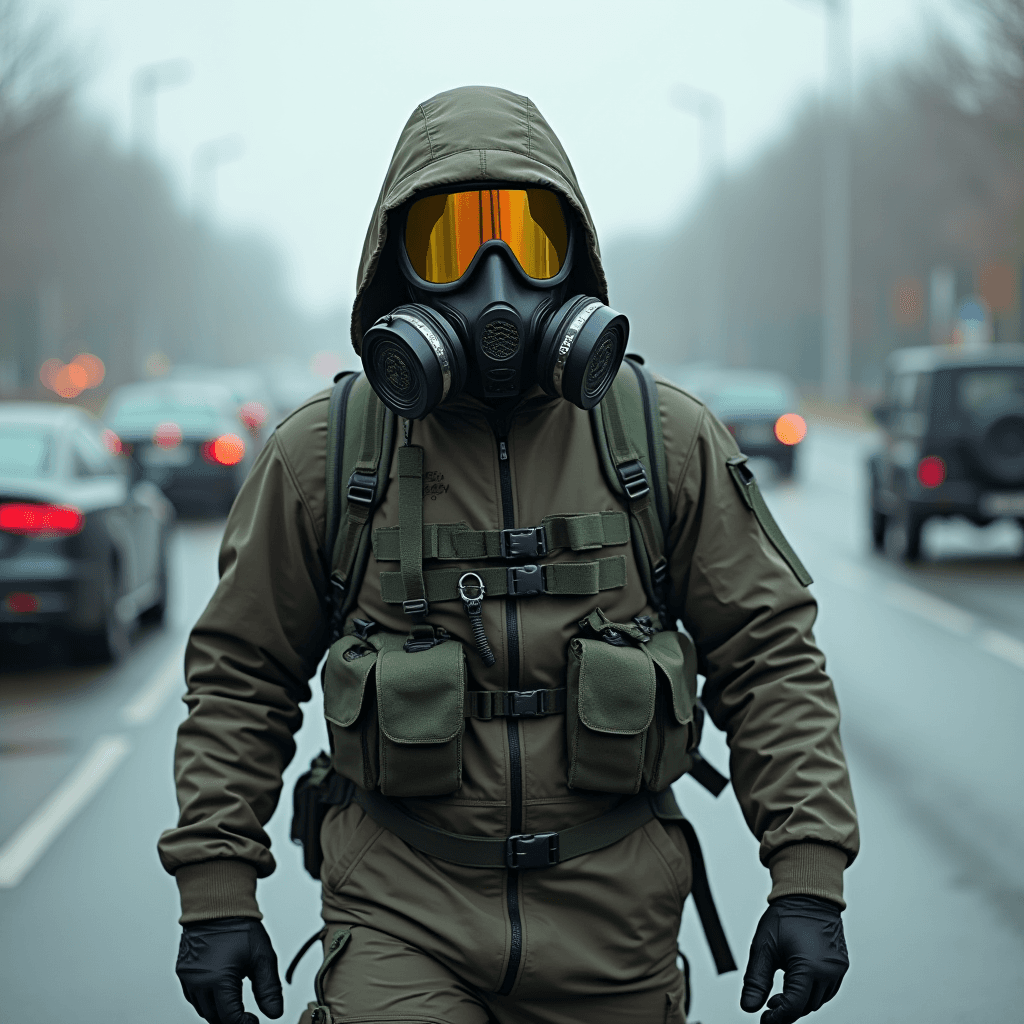 A person wearing a gas mask and tactical gear walks along a foggy street surrounded by cars.