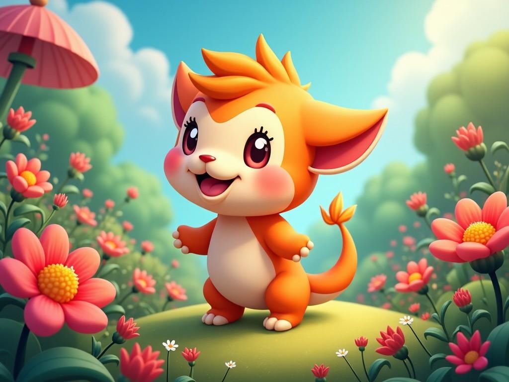 This image features an adorable cartoon creature in a colorful garden setting. The creature has bright orange fur, big eyes, and a joyful expression, making it instantly lovable. The garden is filled with vibrant flowers and lush greenery, creating a fantasy-like atmosphere. Soft sunlight bathes the scene in a cheerful glow, enhancing the whimsical feel. Overall, the composition evokes feelings of joy and playfulness, perfect for children's media.