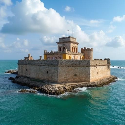 Aerial view of Castillo de San Felipe located in Cartagena de Indias. The castle is surrounded by turquoise waters. The sky is partly cloudy with hints of sunlight. The drone captures the unique architecture of the fortress and its historical surroundings.