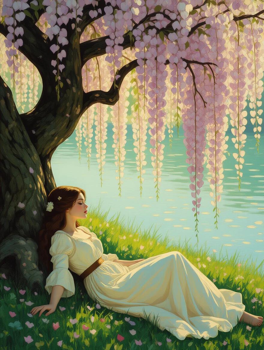 A beautiful young woman lies on the grass underneath an ancient blooming tree. The tree has hanging leaves. The woman wears a flowing dress. A calm body of water is in the background. The scene conveys tranquility and emotional depth. The art style is reminiscent of John William Waterhouse and Edgar Degas.