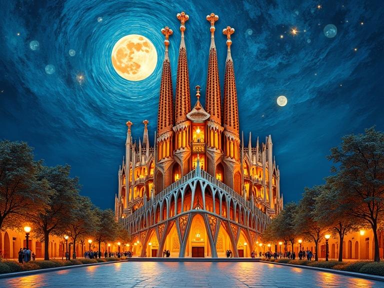 High detail digital illustration of Sagrada Familia at night. Origami inspired, vibrant layered art style with thick, textured brushstrokes. Full moon illuminating the scene with a dramatic color palette. Captured from a close public square perspective under a starry sky reminiscent of Van Gogh.