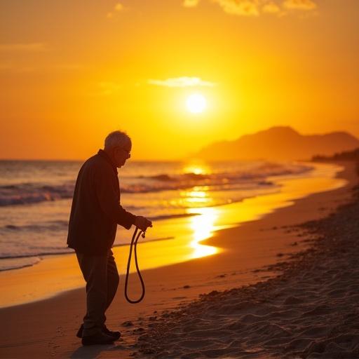 An old man walks on the beach during a golden sunset. Soft waves lap at the shore. Warm tones fill the sky. The scene is tranquil and reflective.