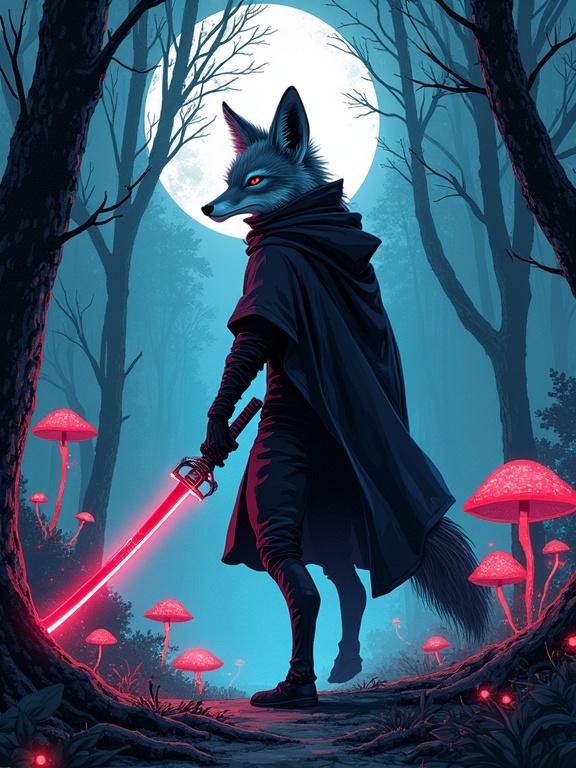 Sly fox rogue wears hooded cloak and wields katana made of pure energy sneaks through moonlit cyberpunk forest. Forest features whispering trees and glowing mushrooms. Colorful neon hues create digital glitches. Scene in dark fantasy comic book style with bold lines and dramatic shadows reminiscent of Amano and Giger.