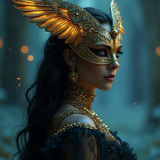 A woman at a masquerade ball inspired by the goddess Isis. She has a golden mask with falcon wings. The mask has lapis lazuli and emeralds. Eyes glow with wisdom and power. Her gown flows like liquid night in black and gold. Hieroglyphs float around her. Moonlight illuminates her. Shadows curl at feet.