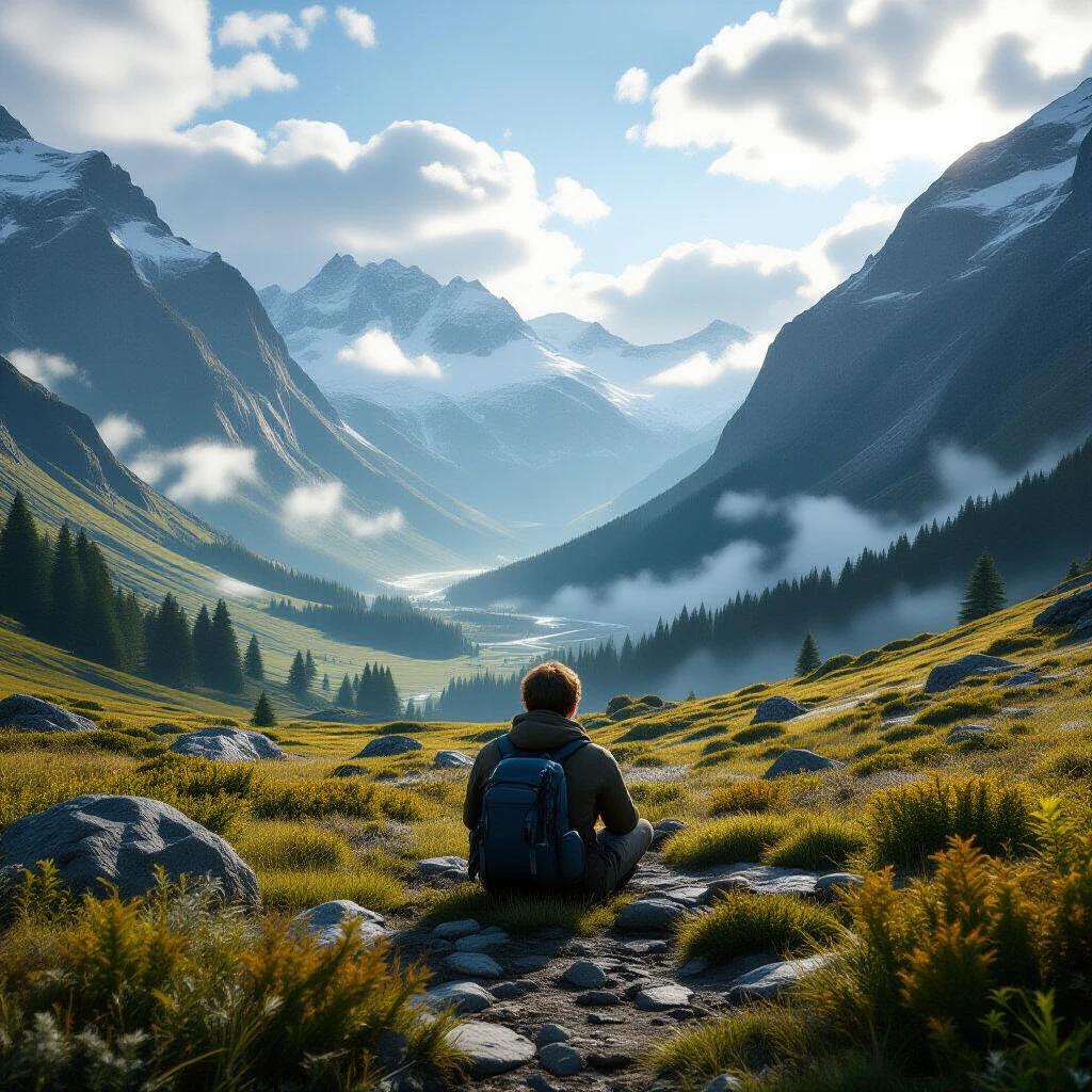 A person sits on a trail in a scenic hidden valley. Majestic mountains surround the valley. Sunlight breaks through clouds. Lush green grass and wildflowers cover the ground.