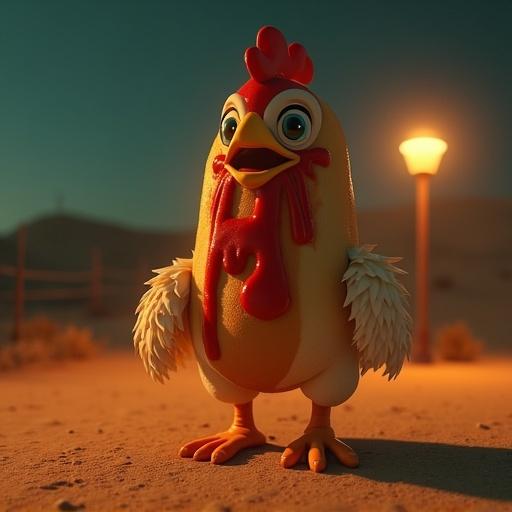 Image features a bizarre hyper-realistic character with the body of a hot dog and a cheerful chicken head. The character has grotesque chicken feet. Set in a surreal desert environment at night with dim farm lighting. Illuminate the scene with a warm orange glow. Add subtle fog or dust for atmosphere. Use materials that appear plastic and smooth, emphasizing highlights. Apply soft bloom and a slight vignette to enhance surreal quality.