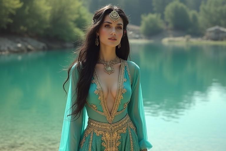 Model stands beside a turquoise lake. She wears an ornate Arabian princess-style outfit in turquoise with gold embroidery. The outfit features sheer overlay pants. Black hair shines under natural light. Expression is awe-inspiring.