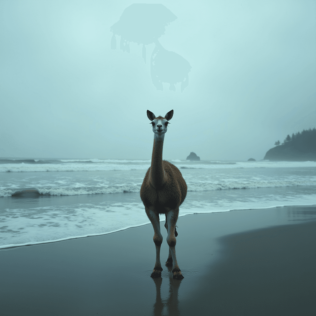 A llama stands on a beach with ocean waves in the background under a cloudy sky.