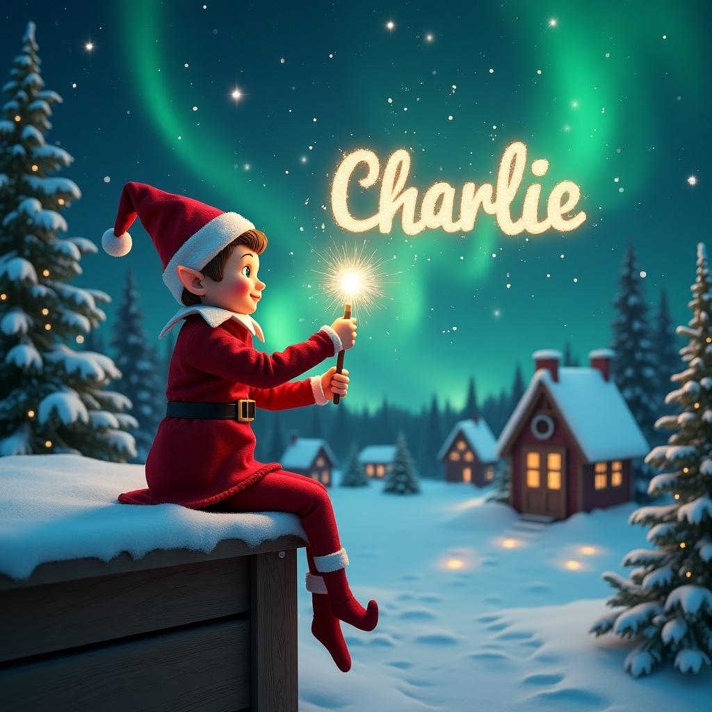 An elf sits on a wooden ledge with its back to the camera. The elf, dressed in a red outfit with a pointed hat, holds a sparkling wand. With the wand, the elf elegantly writes the names 'Charlie' in the starry sky. The background features a snowy landscape with charming little houses and evergreen trees under the shimmering Northern Lights. This whimsical scene captures the essence of childhood magic and Christmas cheer.