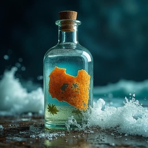 Surreal 3D map of Libya displayed inside a glass bottle. Glass bottle sits in turbulent sea. Dramatic lighting highlights the scene.