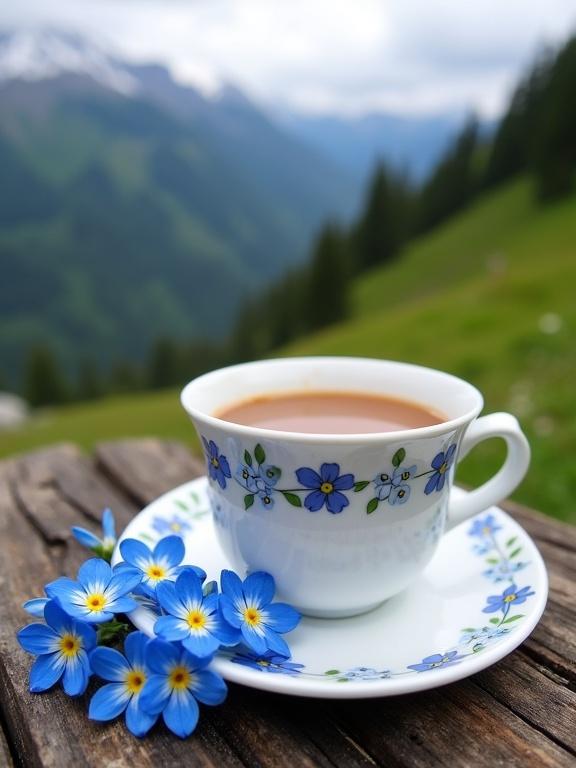White ceramic teacup with blue floral pattern. Contains light brown beverage. Resting on matching saucer on weathered wooden surface. Surrounded by vibrant blue forget-me-not flowers. Scenic mountain landscape in background.