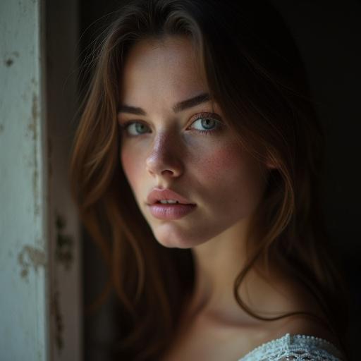 Portrait of a French model at 18 years old showcased with soft lighting and a virtual background. Emphasis on the model's perfect eyes and freckles. Shot from above with a focus on the eyes and featuring a depth of field effect.