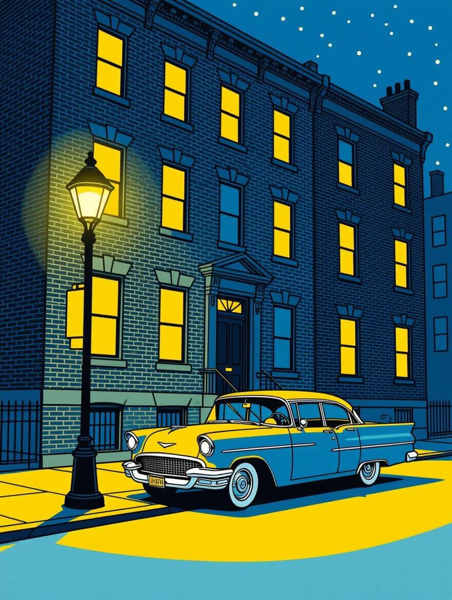 Illustration of a car at night illuminated by a yellow street lantern in front of a New York brick building. The style is inspired by Hergé. The color palette is flat blue and yellow with a 3D view.