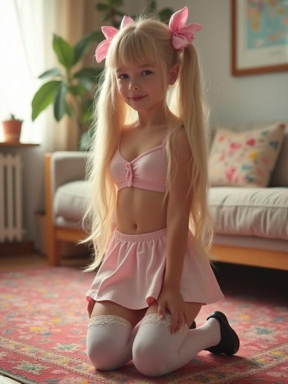 A girl with long blonde hair in twin tails and pink bows kneels on a colorful rug. She wears a crop top and a pink skirt, with thigh-high lace socks and black shoes in a softly lit living room.