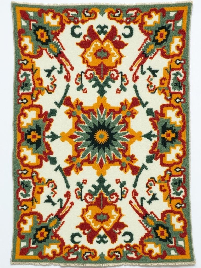 A handmade tufted rug with intricate designs and vibrant colors. Features green, yellow, and red. Set against a white background.