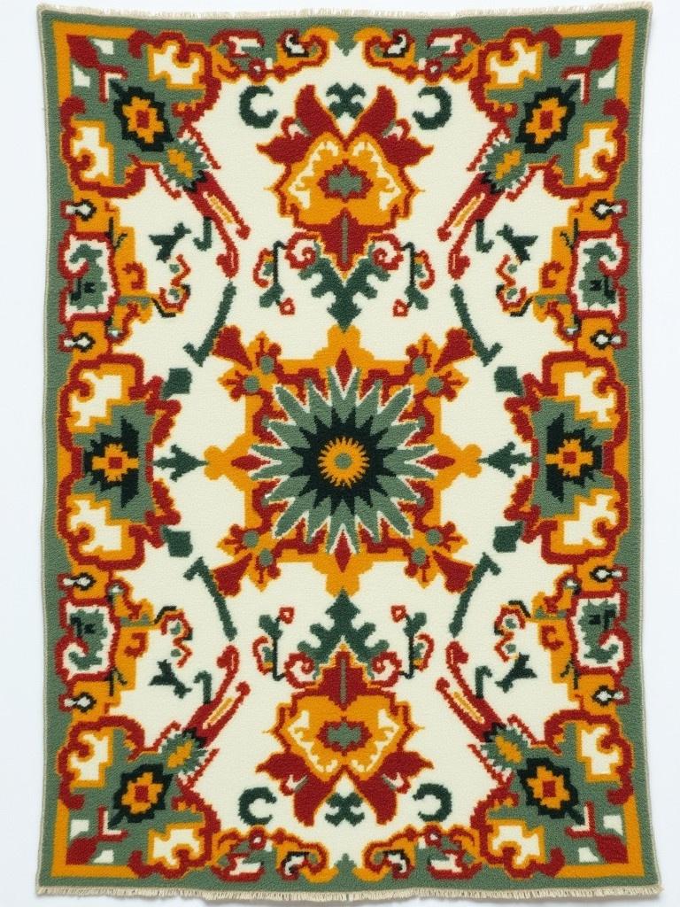 A handmade tufted rug with intricate designs and vibrant colors. Features green, yellow, and red. Set against a white background.