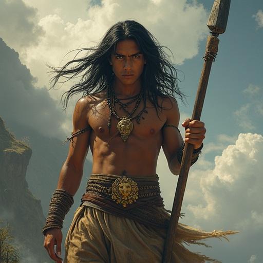 A teenage warrior prince on a rocky outcrop. Strong build with long black hair and fierce golden-brown eyes. Wielding a handmade spear. Wearing royal warrior wrap with lion motifs and tribal gold ornaments. Thunderclouds gather behind him. Wind lifts hair and clothes. Emotional expression.