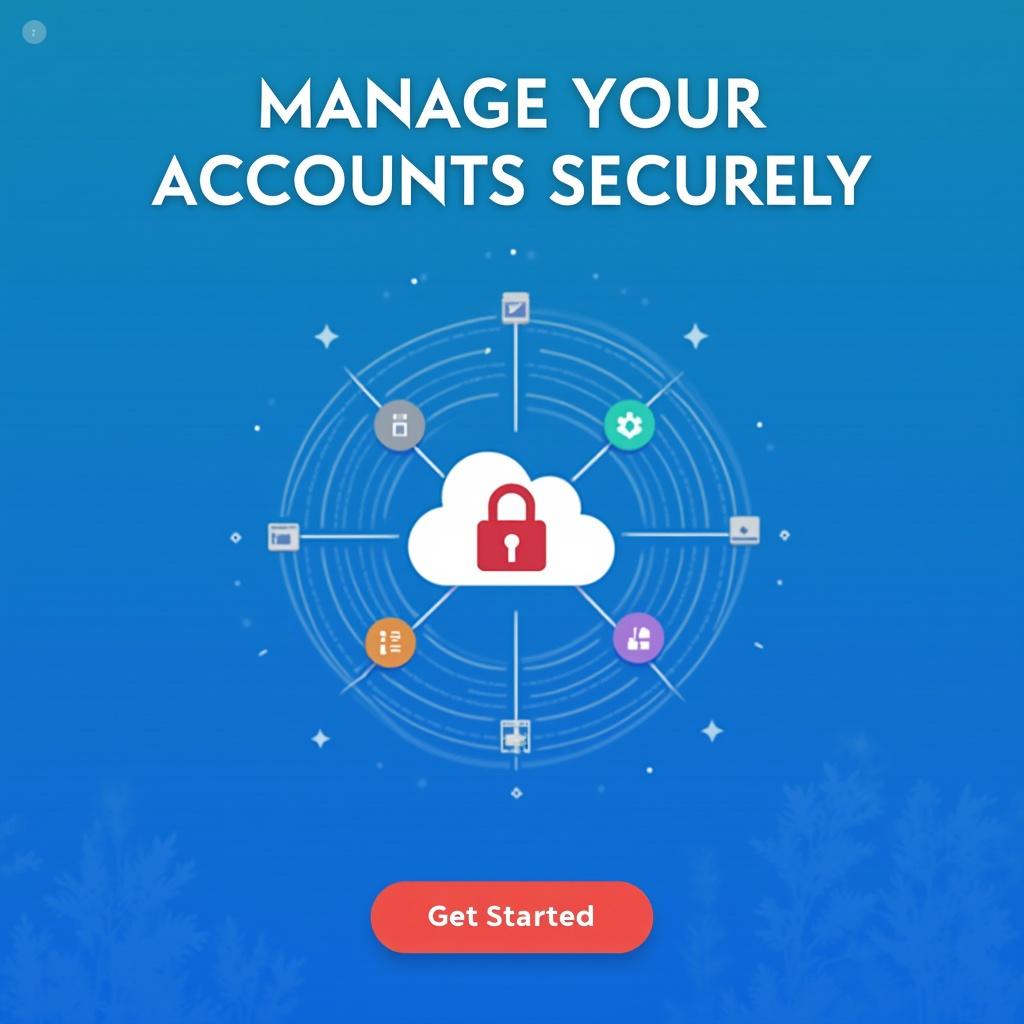 Sleek banner image with padlock and cloud icons. Gradient blue background. Tagline Manage Your Accounts Securely. Button labeled Get Started.