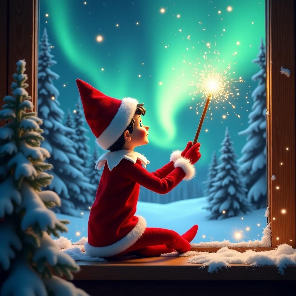 The image features an adorable elf on the shelf sitting on a window ledge, with his back turned to the viewer. He is using a magical wand to create twinkling sparks while looking up at a stunning display of northern lights. The background is set in a winter wonderland, filled with snow-covered pine trees, conjuring a festive holiday feel. Dressed in a vibrant red outfit with white trim, the elf embodies the Christmas spirit. The scene is illuminated by the enchanting colors of the aurora borealis, enhancing the magical ambiance.