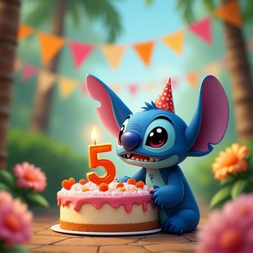 Stitch character celebrates with a birthday cake featuring a number 5 candle. The background showcases a tropical park adorned with flowers and a colorful flag banner.