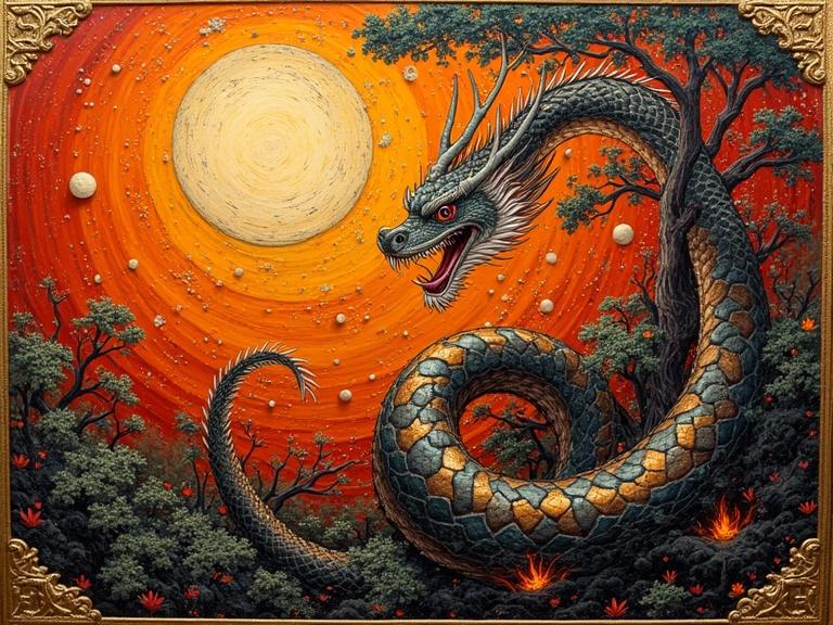 A grand dragon slithers in a burnt forest. A bright sun sets as the moon rises. The scene captures the essence of Chinese New Year. The style reflects Impressionism and Optical Art Nouveau with detailed brushstrokes and a gilded frame.