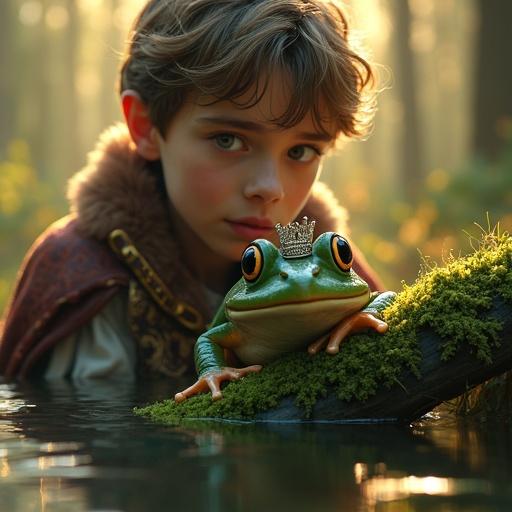 Young prince in royal hunting attire stands near a moss-covered log. He discovers a wedding arrow nestled there. Background features tall reeds and ancient trees. Frog with intelligent eyes and ornate crown holds the arrow. Soft golden light filters through the forest canopy.