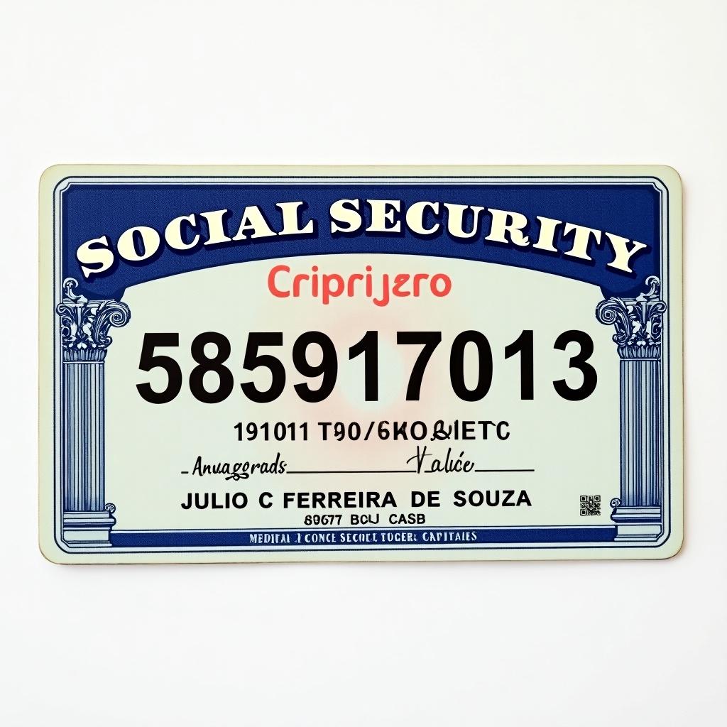 Generic social security card with numbers 585917013 and name JULIO C FERREIRA DE SOUZA