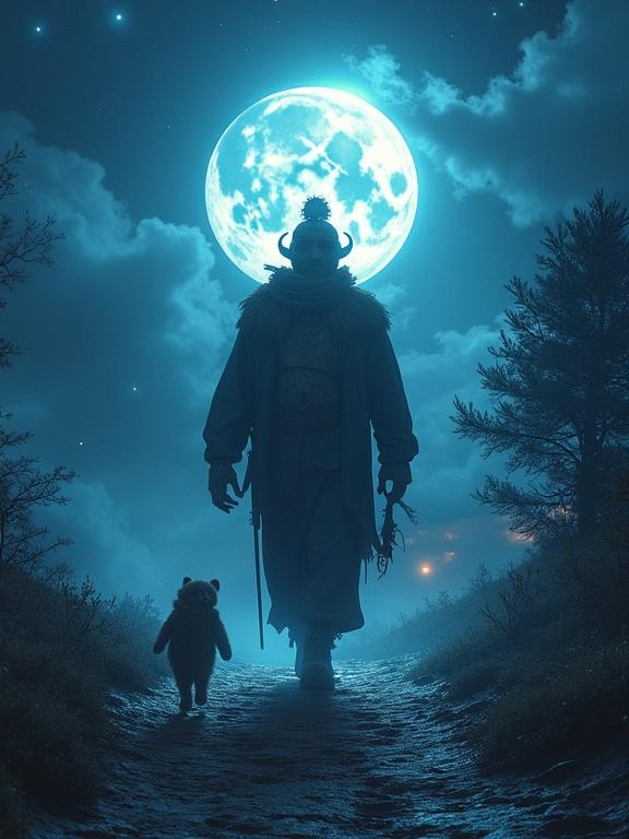 A mystical landscape illuminated by a magical moon. An imposing figure, Thung Thung Thung Sahur, walks firmly. Next to him, Brr Brr Patapin, a vibrant creature, accompanies him. The atmosphere is filled with a mystical aura, featuring ethereal lights and dancing shadows, as if the path is alive with their presence.